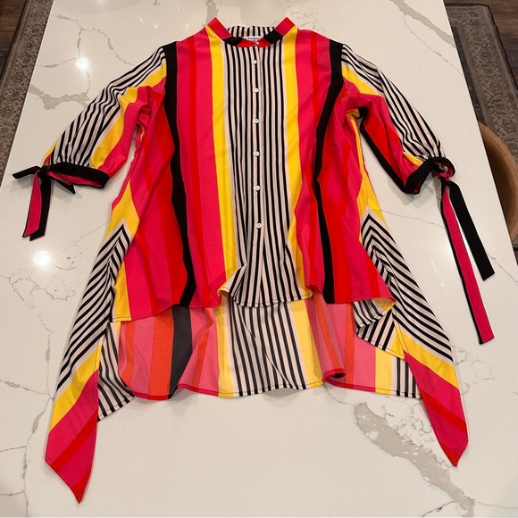 Peter Nygard Tops - Nygard Women XL Bright Pink Stripe Tie Sleeve Button Tunic Blouse Top Colorful